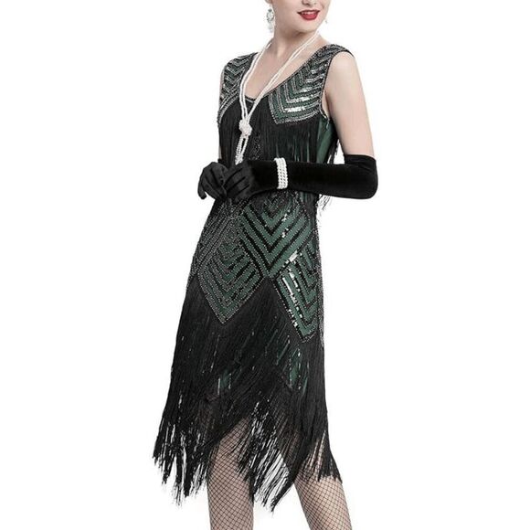 ✨💚 Flapper Great Gatsby 1920s Retro Tassel Fringe Sequin Green Dress S NEW - Picture 5 of 17